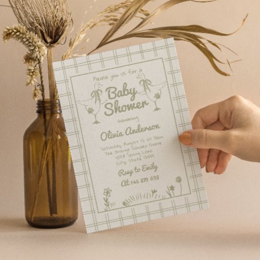 Goose Hand Drawn Green Neutral Classic Baby shower Kaart