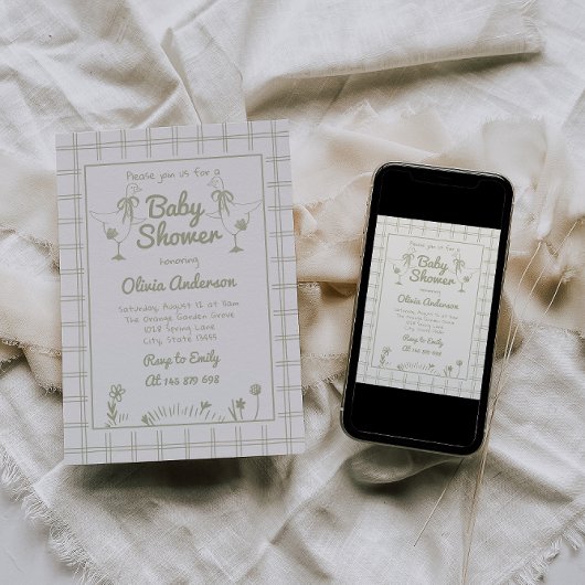 Goose Hand Drawn Green Neutral Classic Baby shower Kaart