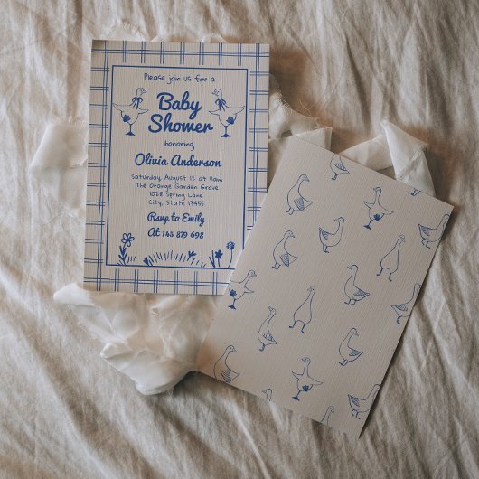 Goose Hand getrokken Blue Gingham Baby Boy Shower Kaart