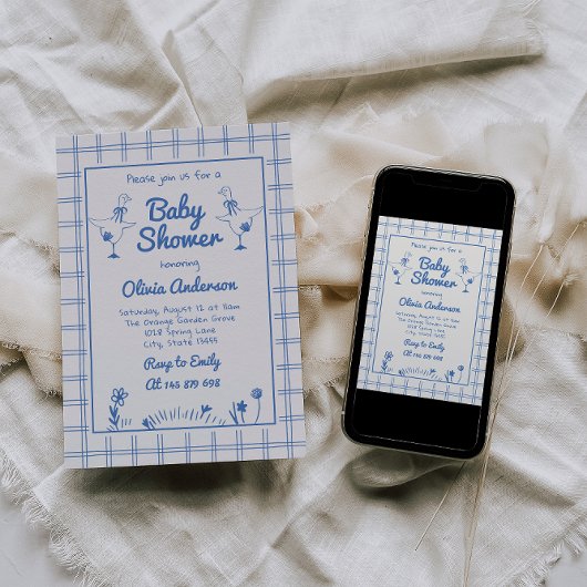 Goose Hand getrokken Blue Gingham Baby Boy Shower Kaart