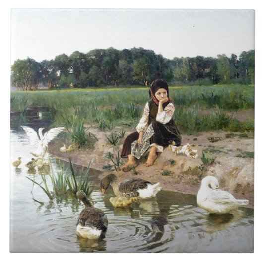 Goose Herder White Geese Animals Pond Tile Tegeltje (Voorkant)