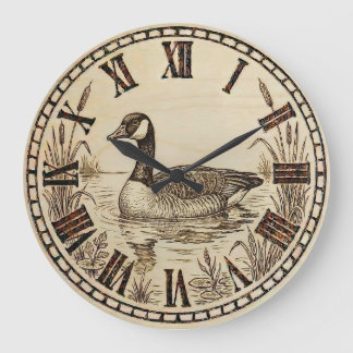 Goose Lake Wall Clock – Wood-Burned Nature Decor  Grote Klok