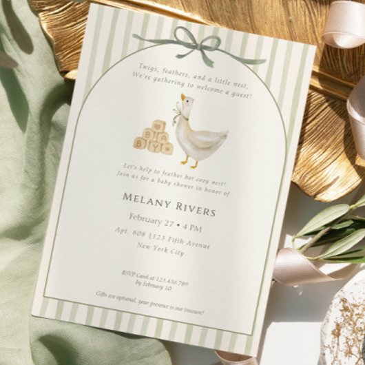 Goose Neutral Sage Green Bow Baby Shower Kaart