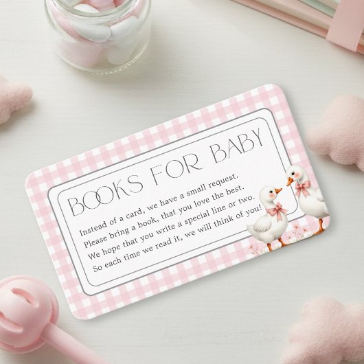 Goose Pink Gingham Girl Books for Baby Shower Informatiekaartje