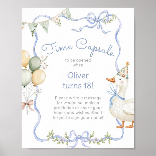 Goose Time Capsule 1st Birthday Blue bow Poster (Voorkant)