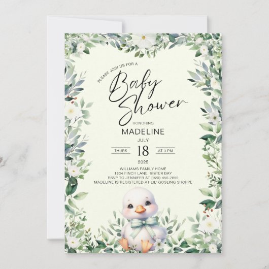 Goose with Bow Greenery Baby shower Uitnodiging (Voorkant)