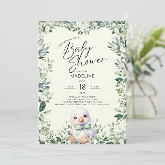 Goose with Bow Greenery Baby shower Uitnodiging (Staand voorkant)