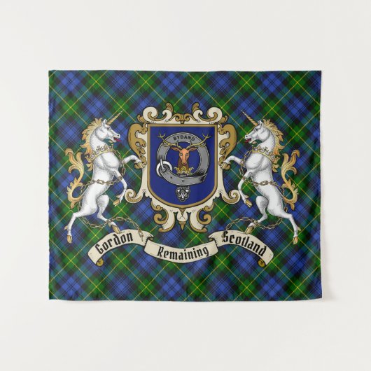 Gordon Clan Badge & Unicorns met Tartan Wandkleed (Voorkant (horizontaal))