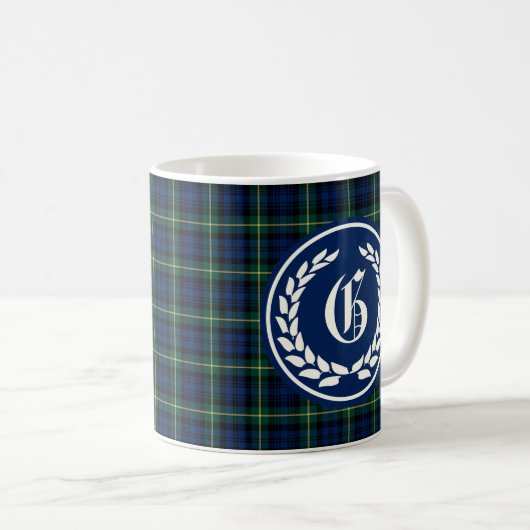 Gordon Clan Blauw en Groene Tartan Monogram Koffiemok (Voorkant rechts)