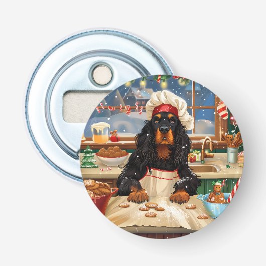 Gordon Setter Kerstbak: Festieve Kerstmis Button Flesopener (Voorkant)