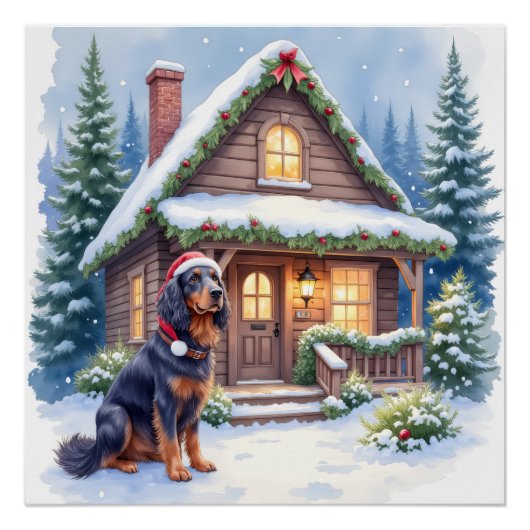 Gordon Setter Snowy Lodge Santa Hat Christmas Art Perfect Poster (Voorkant)