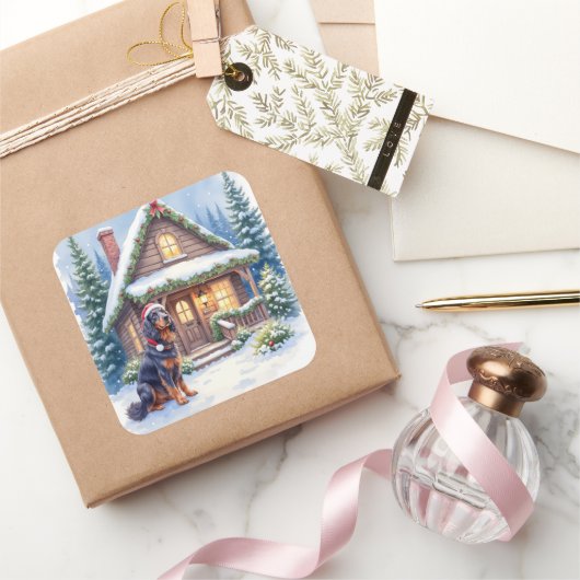 Gordon Setter Snowy Lodge Santa Hat Christmas Art Vierkante Sticker (Geschenken)