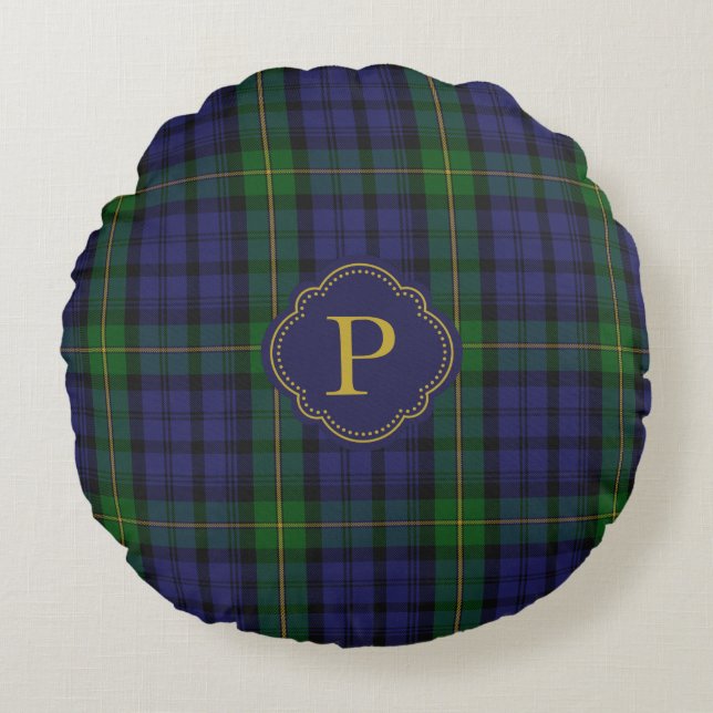 Gordon Tartan Pset Custom Monogram Rond Kussen (Voorkant)
