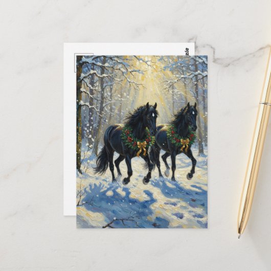 Gorgeous Black Horses Wreaths in Winter Woods Briefkaart (Voorkant / Achterkant in situ)