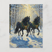Gorgeous Black Horses Wreaths in Winter Woods Briefkaart (Voorkant)