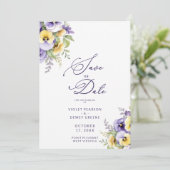 Gorgeous Botanical Purple Pansies Flowers Photo Save The Date (Staand voorkant)