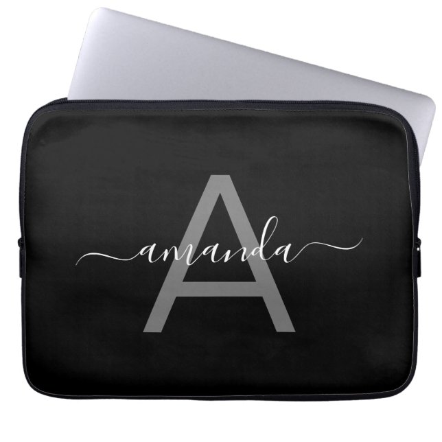 Gorgeous Elegant Add Your Name & Monogrammed Black Laptop Sleeve (Voorkant)