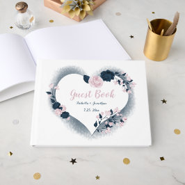 gorgeous navy blue & pink flowers floral heart gastenboek
