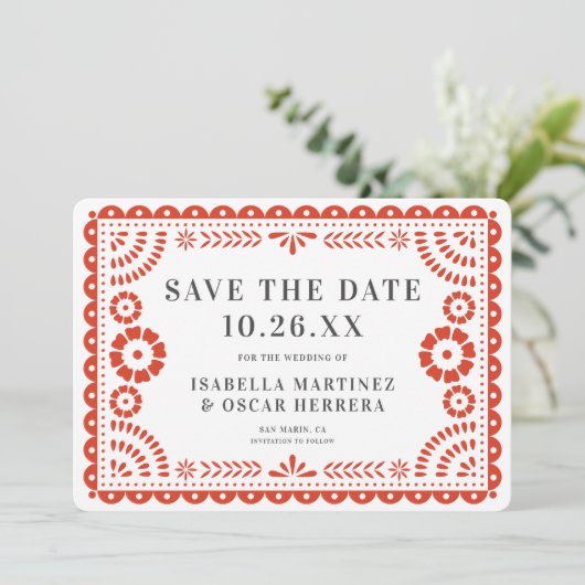 Gorgeous Papel Picado Photo Warm Red Wedding Save The Date (Staand voorkant)