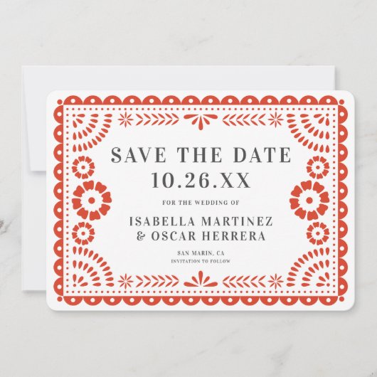 Gorgeous Papel Picado Photo Warm Red Wedding Save The Date (Voorkant)