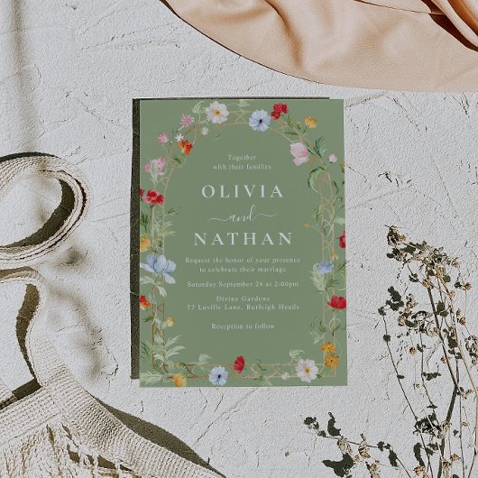 Gorgeous Wildflower Wreath Sage Wedding  Kaart