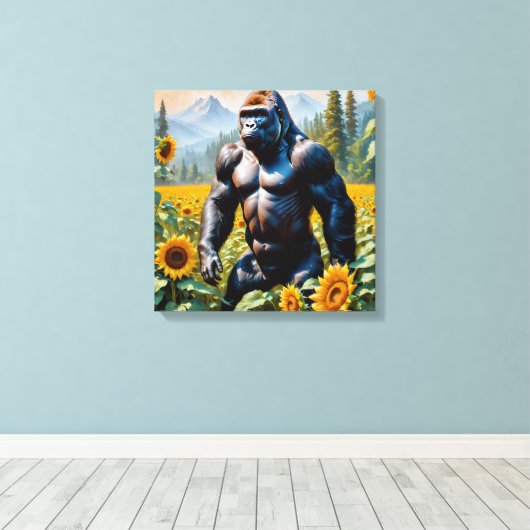 Gorilla aap in een veld van zonnebloem canvas afdruk (Insitu (Houten vloer))