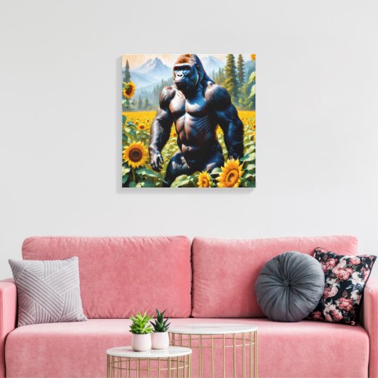 Gorilla aap in een veld van zonnebloem canvas afdruk (Insitu (Woonkamer))