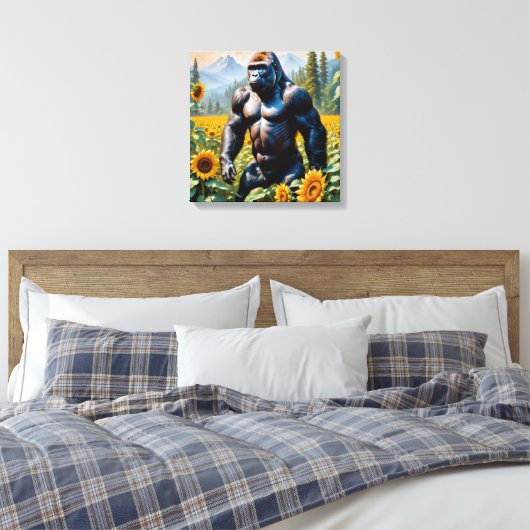 Gorilla aap in een veld van zonnebloem canvas afdruk (Insitu (Slaapkamer))