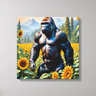 Gorilla aap in een veld van zonnebloem canvas afdruk