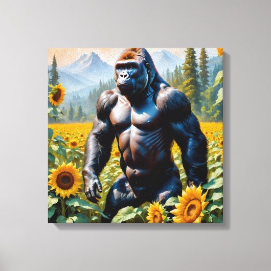 Gorilla aap in een veld van zonnebloem canvas afdruk (Voorkant)