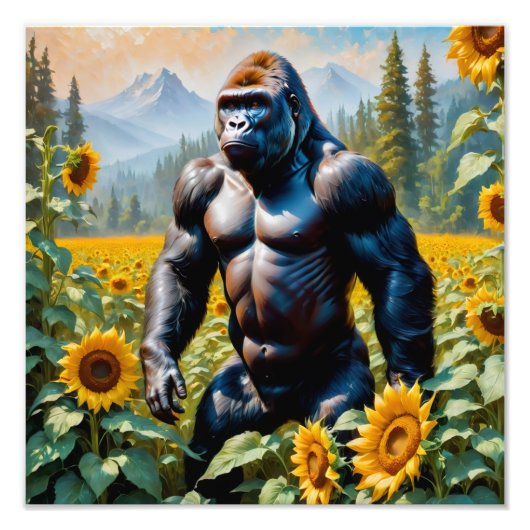 Gorilla aap in een veld van zonnebloem foto afdruk (Voorkant)