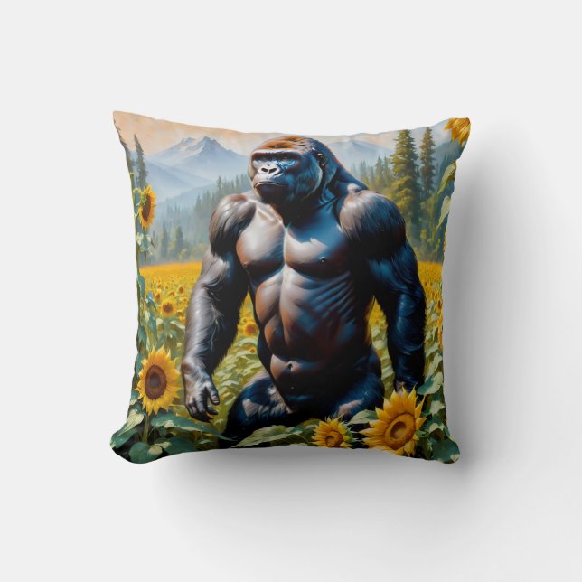Gorilla aap in een veld van zonnebloem kussen (Voorkant)