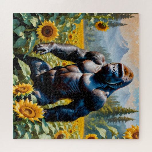 Gorilla aap in een veld van zonnebloem legpuzzel (Horizontaal)
