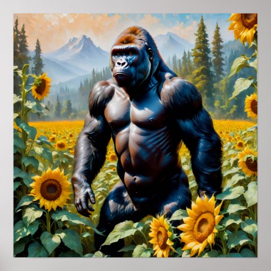 Gorilla aap in een veld van zonnebloem poster (Voorkant)