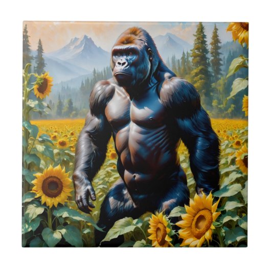 Gorilla aap in een veld van zonnebloem tegeltje (Voorkant)