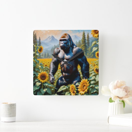 Gorilla aap in een veld van zonnebloem vierkante klok (Huis)