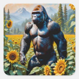 Gorilla aap in een veld van zonnebloem vierkante sticker