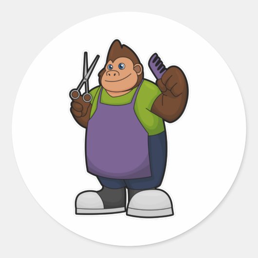 Gorilla als hairdresser met schaar en kam ronde sticker (Voorkant)
