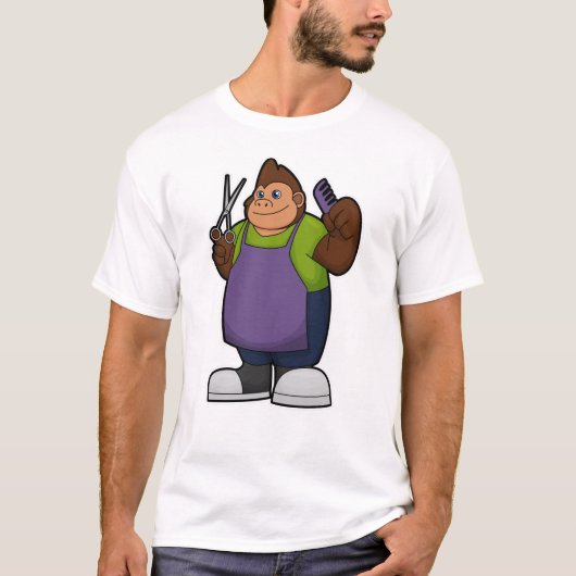 Gorilla als hairdresser met schaar en kam t-shirt (Voorkant)