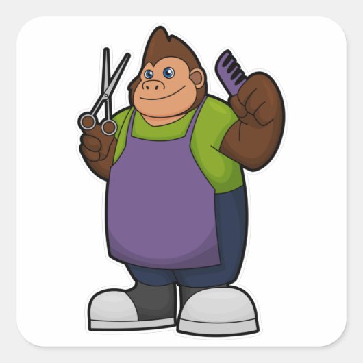 Gorilla als hairdresser met schaar en kam vierkante sticker (Voorkant)
