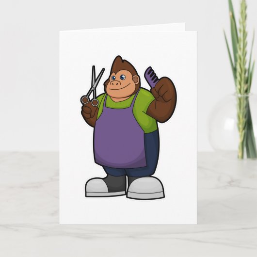 Gorilla als kapper met schaar en kam kaart (Voorkant)