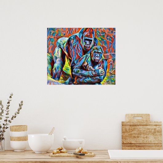 Gorilla Ape Familie Abstracte Dieren Wildlife Art Poster (Keuken)