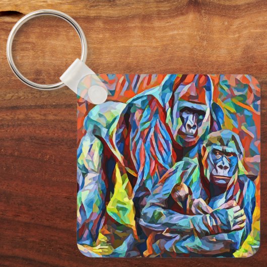 Gorilla Ape Familie Abstracte Dieren Wildlife Art Sleutelhanger (Voorkant)