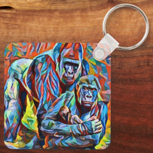 Gorilla Ape Familie Abstracte Dieren Wildlife Art Sleutelhanger (Achterkant)