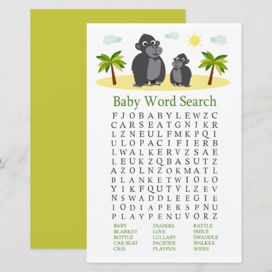 Gorilla Baby shower Word Search Game (Voorkant / Achterkant)