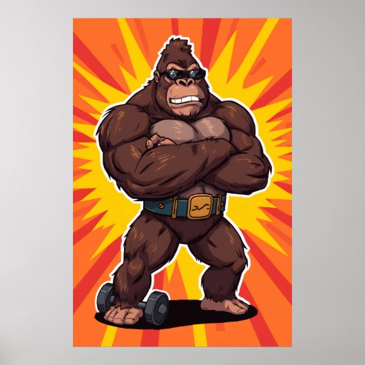 Gorilla Bodybuilder Gewichtheffer Pop Art Cartoon Poster (Voorkant)