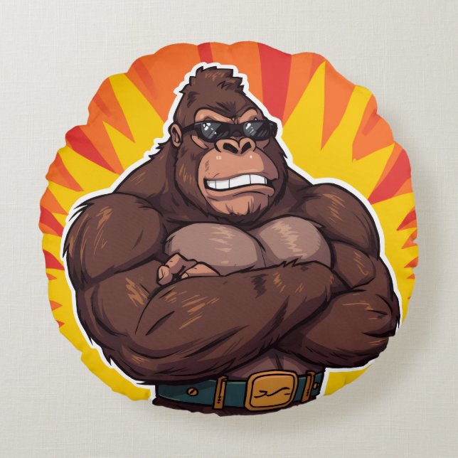 Gorilla Bodybuilder Gewichtheffer Pop Art Cartoon Rond Kussen (Voorkant)