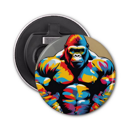 Gorilla Bodybuilder Gewichtslifter Pop Art Cartoon Button Flesopener (Voorkant)