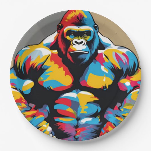 Gorilla Bodybuilder Gewichtslifter Pop Art Cartoon Papieren Bordje (Voorkant)