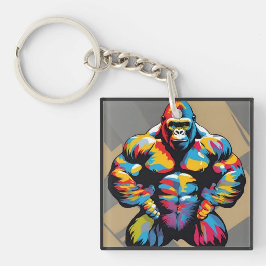 Gorilla Bodybuilder Gewichtslifter Pop Art Cartoon Sleutelhanger (voorkant)
